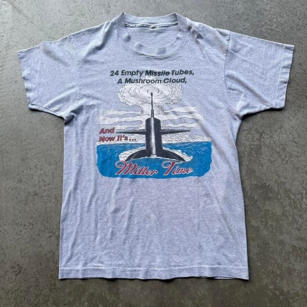 Vintage 80s Miller Time Beer Promo War Submarine Mushroom Cloud Dark Humor Shirt